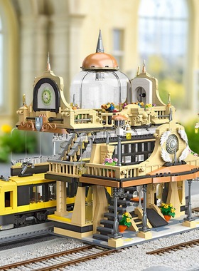 杰星89136跨境大型建筑拼装DIY小颗粒积木模型带灯光欧式火车站