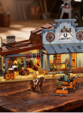 亚马逊新品杰星89145大型建筑积木拼装DIY小颗粒带灯光西部铁匠铺