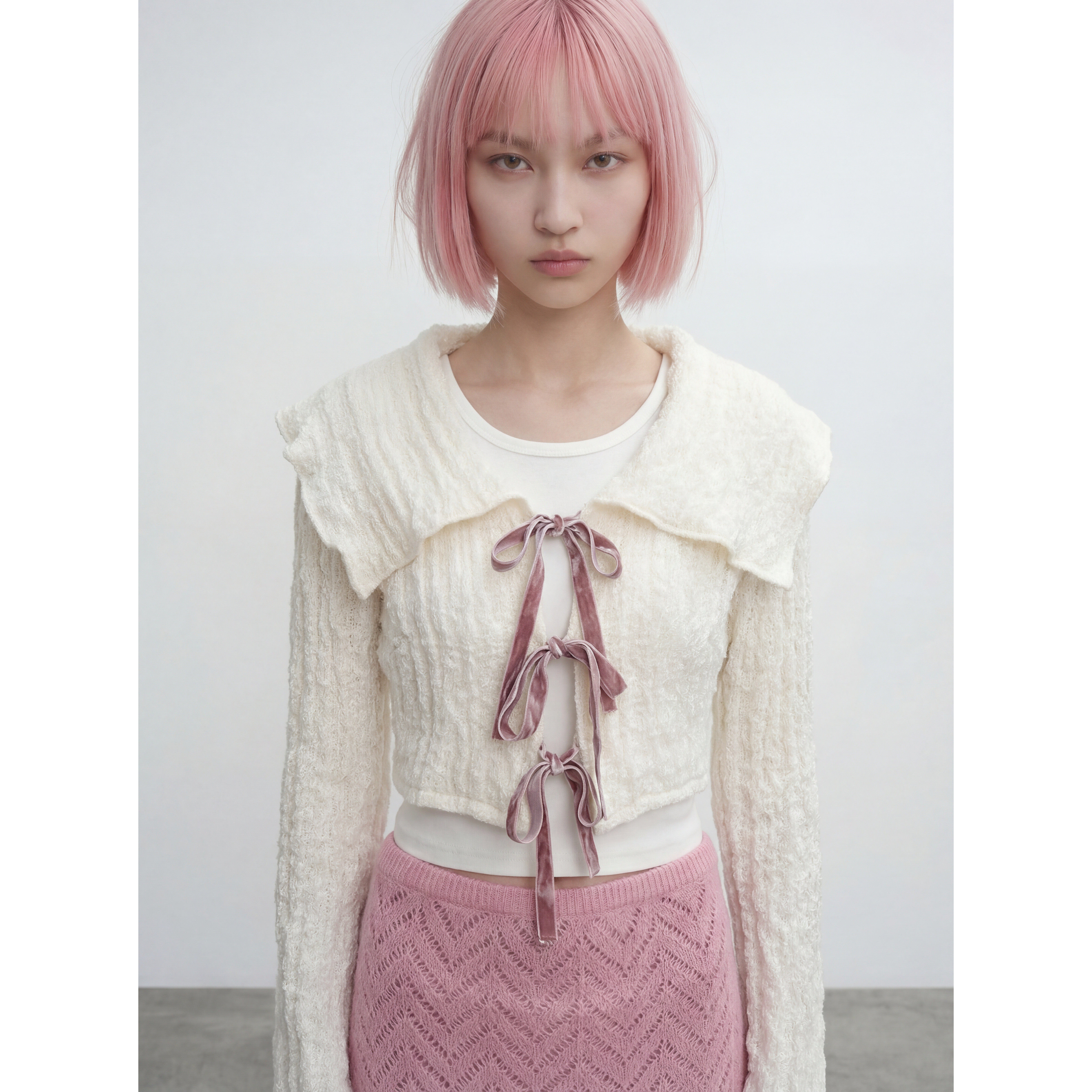 knits market "Tao"19B 大翻领短毛衣系带大翻领针织开衫 18S