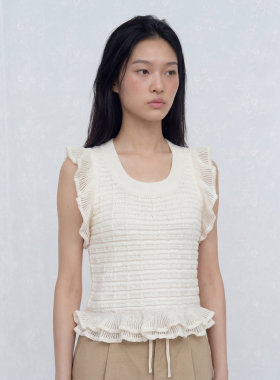 knits market 48B 立体荷叶边U领针织背心黑色白色 20S
