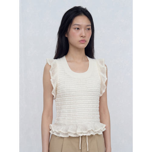 knits market 48B 立体荷叶边U领针织背心黑色白色 20S