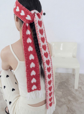 knits market 18Ac 爱心围巾毛织围巾双面细条长针织围巾红色S9
