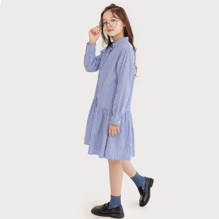 【全棉】纯一良品女童长袖衬衣连衣裙 中学生条纹衬衫裙子 学院风