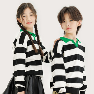 【全棉 不起球】纯一良品童装POLO针织衫 男女童黑白条纹翻领毛衣