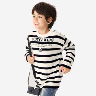 纯一良品男童黑白条纹毛衣2025秋冬少年圆领针织衫柔软厚实学院风