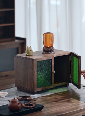 黑胡桃木小柜子复古风绿色压花玻璃门双开门燕尾榫榫卯结构储物柜