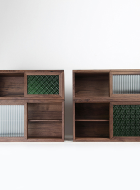 黑胡桃木实木日式桌面收纳柜绿色海棠长虹玻璃推拉门燕尾榫小柜子