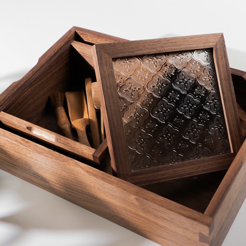 黑胡桃木收纳盒复古老式压花玻璃盖传统榫卯结构怀旧木盒子储物盒