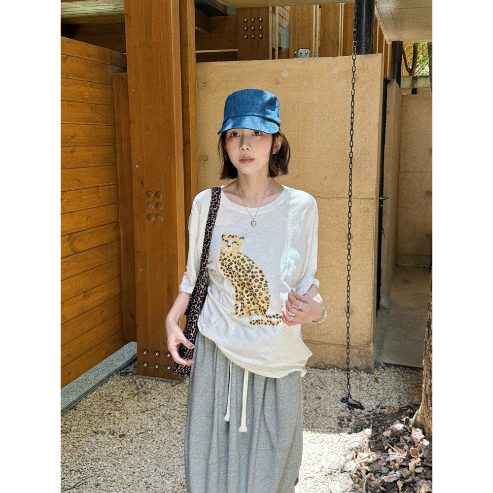 MGDM减龄雪花亚麻棉小豹子T恤