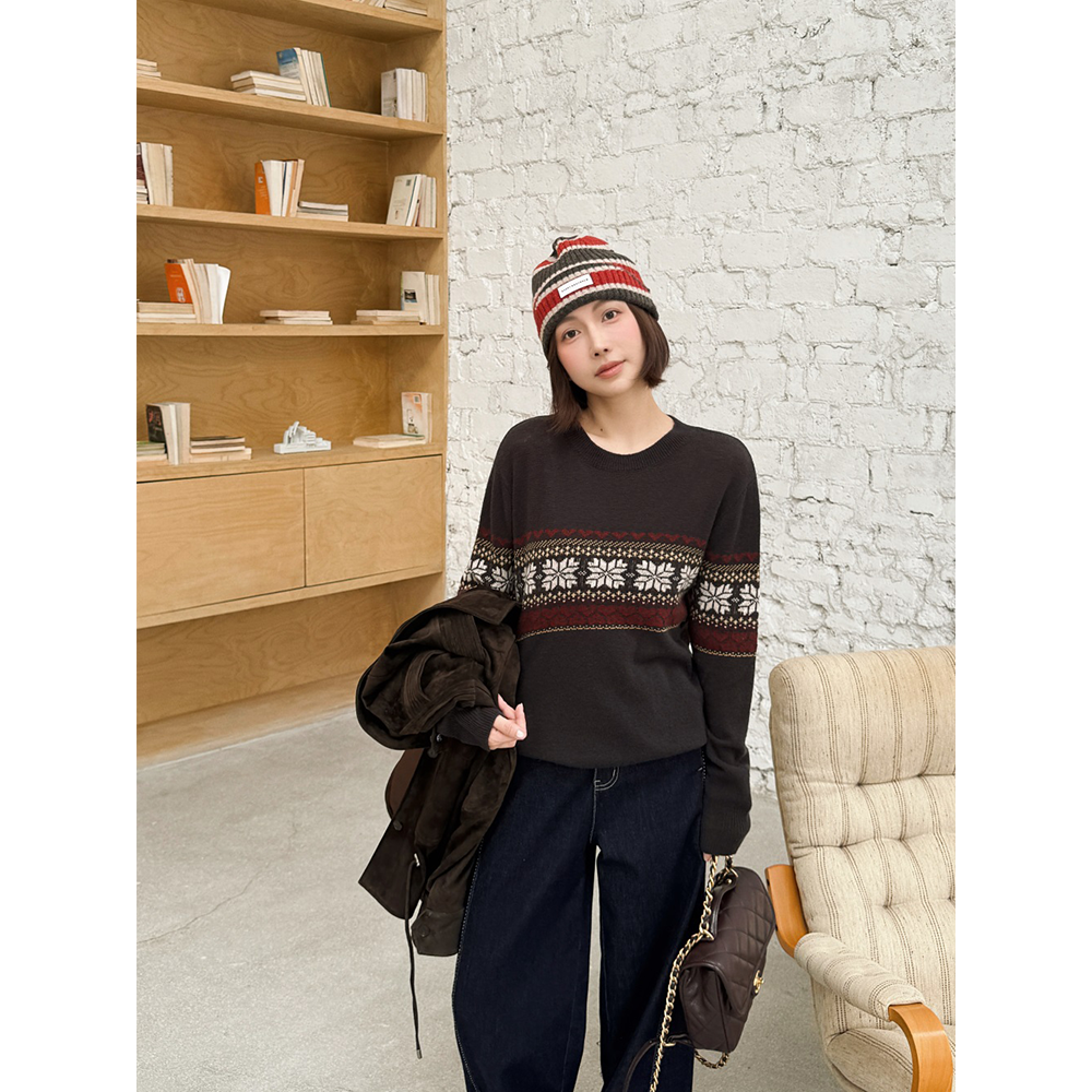 【唐悠悠mgdm】全羊毛费尔岛提花复古毛衣女氛围感慵懒宽松针织衫