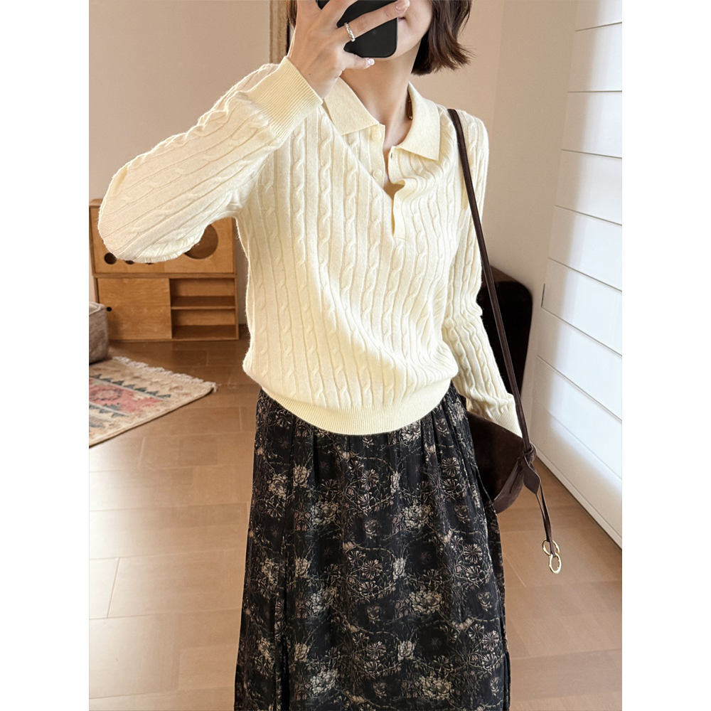 【唐悠悠mgdm】26支羊绒羊毛绞花针织衫女秋冬长袖打底衫翻领毛衣