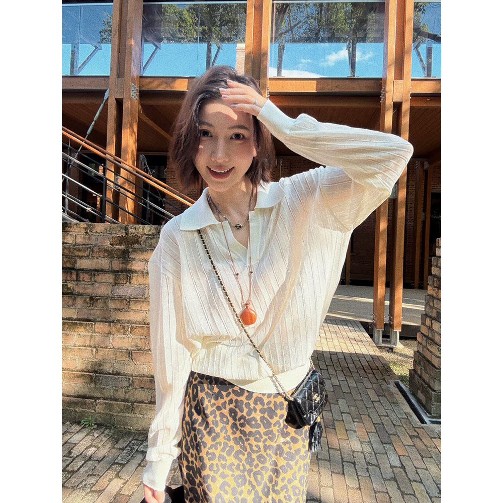 轻薄透气Polo领长袖针织衫