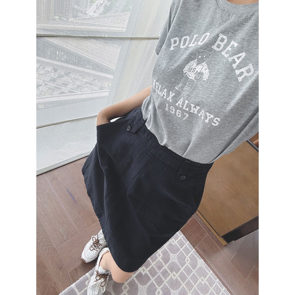 MGDM设计感复古亚麻棉工装半身裙