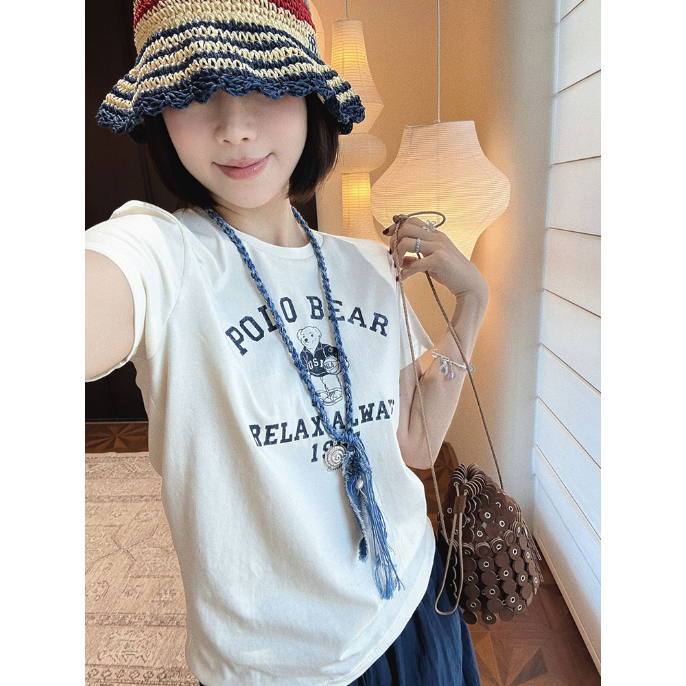 美式复古小熊印花字母T恤