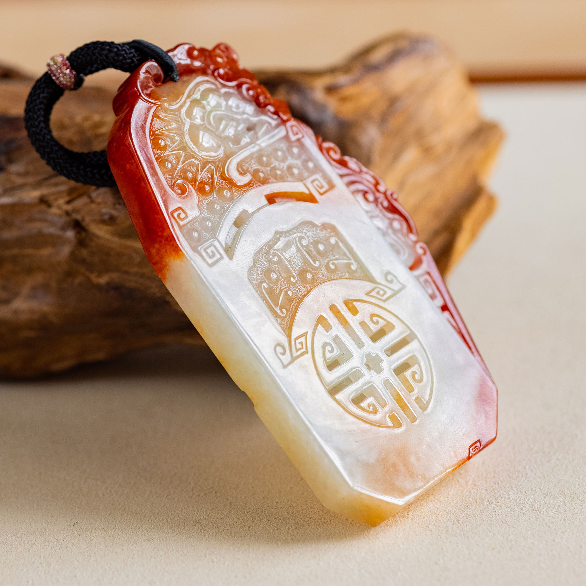 翡翠 a货 吊坠 挂件 龙凤仿古牌 红翡 冰种xxs3899