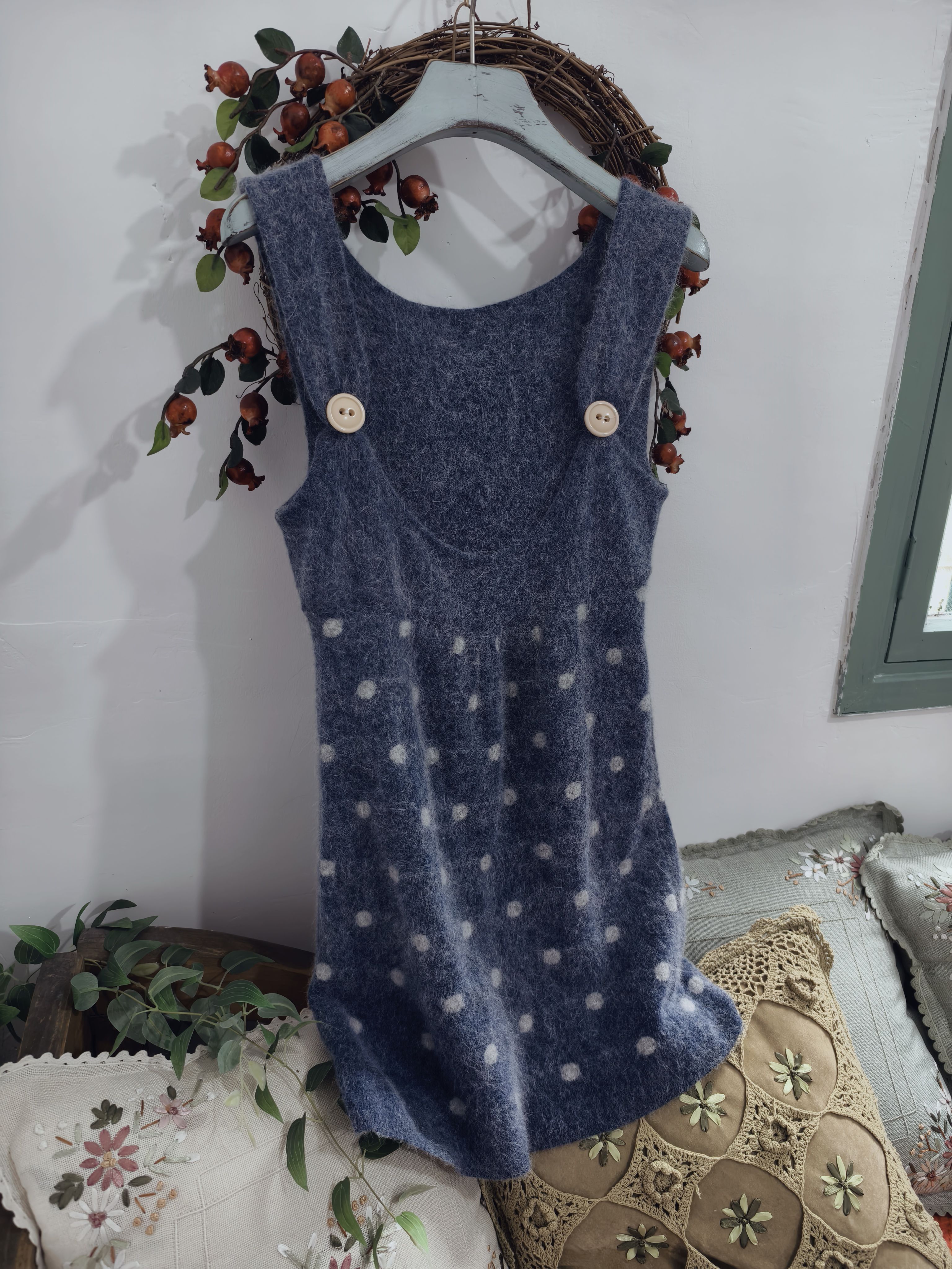 新品 蓝色小清新甜美少女系日系软妹吊带毛衣长裙