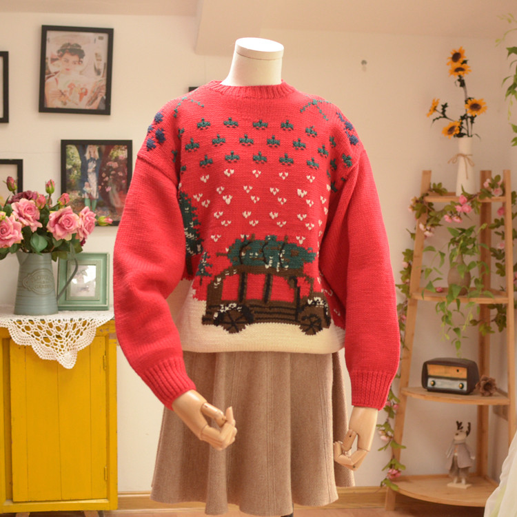 红色圣诞风手织宽松羊毛套头毛衣外套