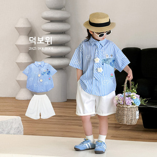 儿童夏季短袖衬衫2025款男童蓝色薄款衬衣套装宝宝男孩夏装童装潮