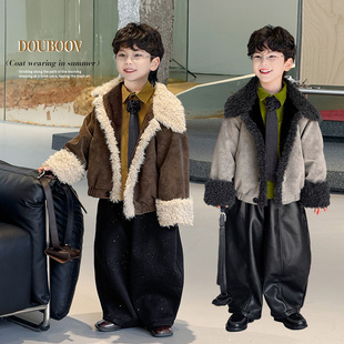 男童麂皮绒外套冬季 儿童加绒加厚翻领夹克宝宝男孩韩系皮衣夹克潮