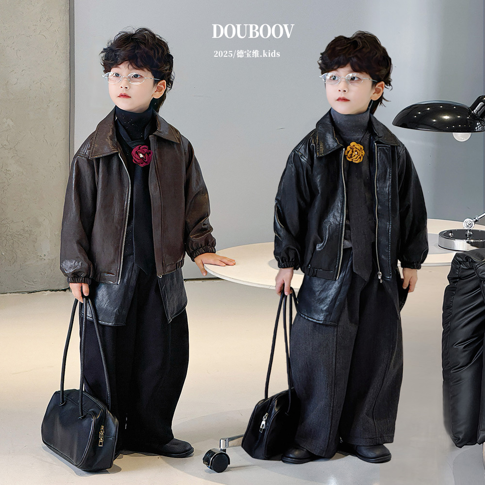 男童皮衣外套2025冬季新款儿童韩版宽松机车宝宝帅气PU皮短款夹克