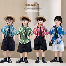 儿童夏季背带短裤套装2025新款男童港风复古花衬衫宝宝六一演出服