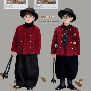 儿童酒红毛呢外套2025冬季新款男女童加厚小香风韩版宝宝花呢外套