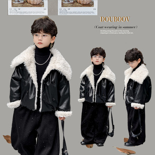 男童羊羔绒外套2025秋冬新款 儿童翻领皮衣男孩加绒复古帅气夹克潮