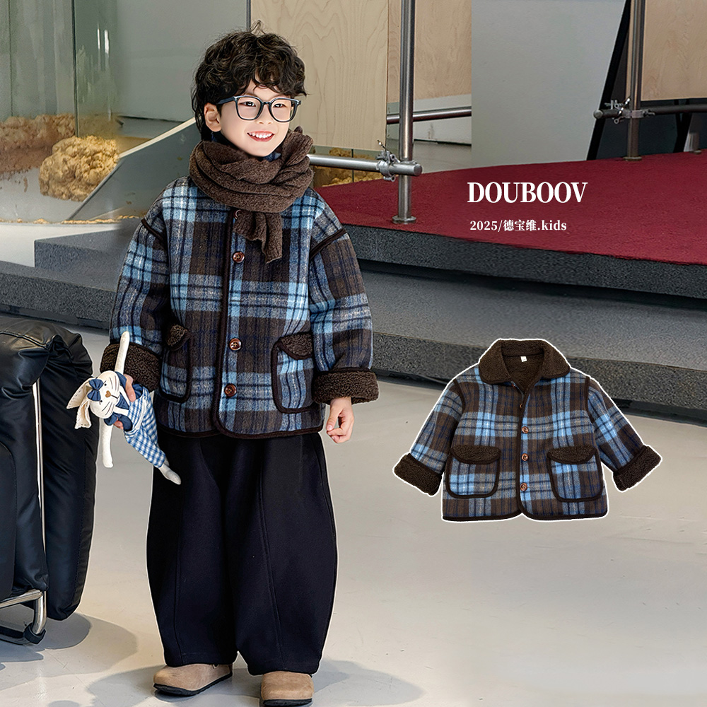 男童格子毛呢大衣2025冬新款