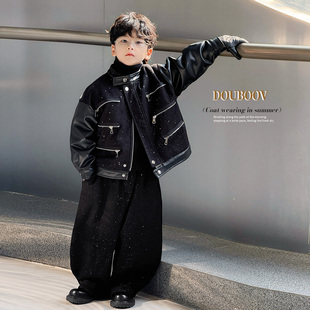 男童冬季皮衣外套2025加绒儿童亮片多拉链设计感外套宝宝加厚夹克