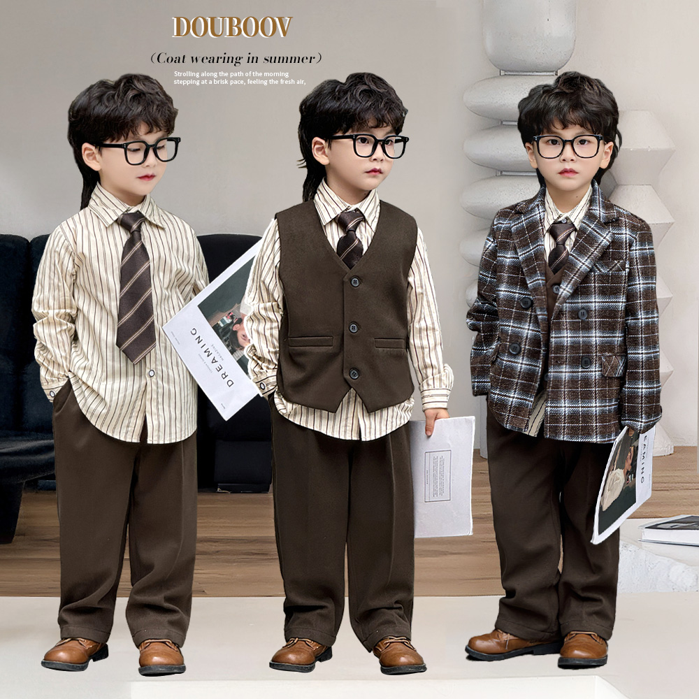 男童西装外套2025秋冬儿童英伦风格子西服套装宝宝加绒钢琴礼服潮