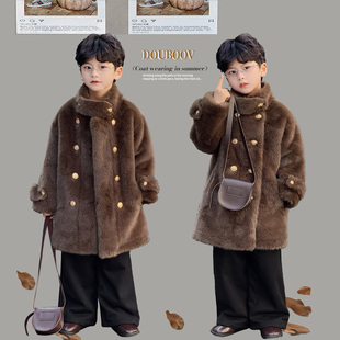 男童冬季长款皮草外套冬韩版儿童加厚保暖双排麂皮大衣仿水貂皮草