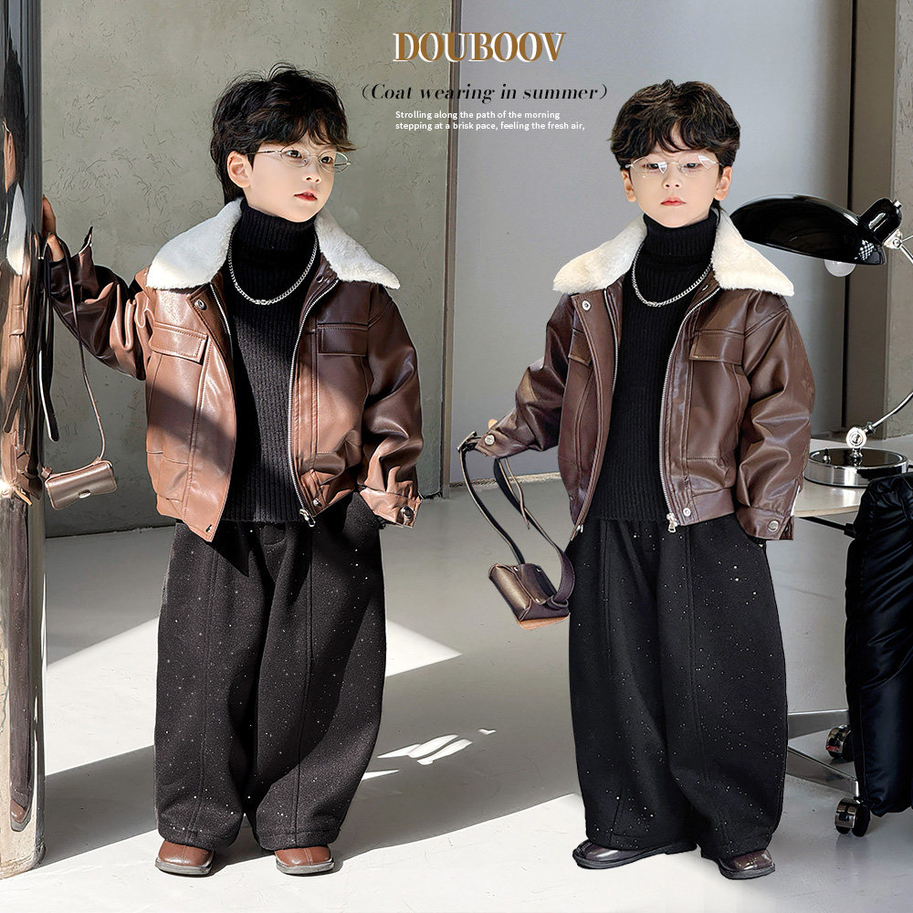 儿童复古机车加绒皮衣2025冬季新款男童毛领外套帅气pu皮加绒皮衣