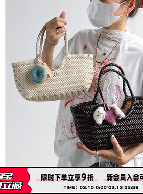 AbbottVINTAGE【小板栗包】复古植鞣牛皮编织手提斜挎度假包菜篮