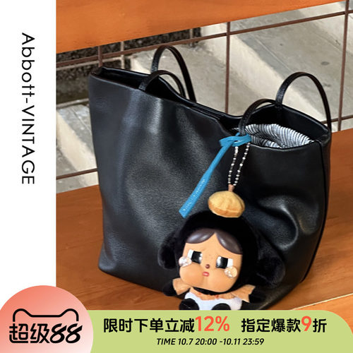 AbbottVINTAGE【黑色小方胖】头层羊皮复古小众简约单肩手提包女
