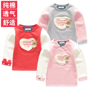小熊女宝宝纯棉绒里长袖 韩版 t恤卫衣厚内搭 加厚打底衫 秋冬女童装