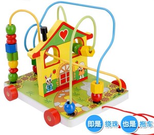 房子拖车绕珠 串珠 儿童益智玩具 木制玩具 锻炼宝宝手指/学走路