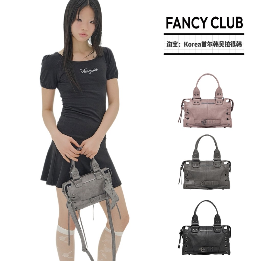 韩国新款FANCY CLUB小号机车包铆钉绑带斜挎包百搭mini单肩腋下包