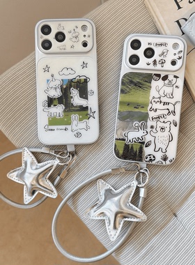 ins可爱秒变涂鸦猫狗适用苹果17Promax手机壳iPhone16/13Pro保护套15/14plus防摔M80pmM60M70Pro+腕带手绳女