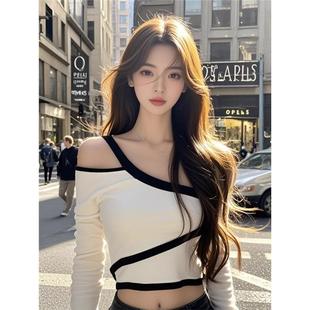 T恤 露脐高腰长袖 女团风跳jazz爵士舞上衣拼色镂空斜肩打底衫 短款