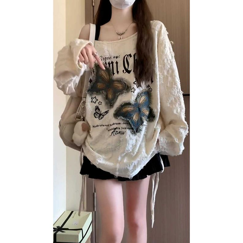 辣妹舞蹈室跳jazz爵士舞上衣蝴蝶露肩长袖T恤女宽松练功服演出服