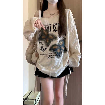 辣妹舞蹈室跳jazz爵士舞上衣蝴蝶露肩长袖T恤女宽松练功服演出服