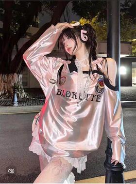 辣妹跳jazz爵士舞上衣斜肩棒球服卫衣运动风T恤女团风练功演出服
