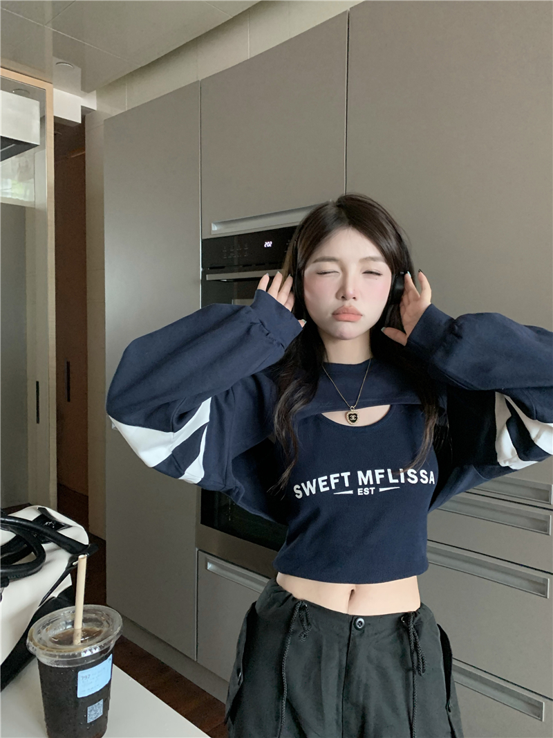 爵士舞hiphop长袖上衣两件套运动叠穿半截cec卡腰短款卫衣女ins潮