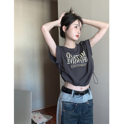 辣妹跳爵士街舞上衣小众短款抽绳短袖jazzt恤女团风舞蹈室练功服
