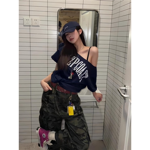 辣妹跳jazz爵士舞上衣露肩短袖T恤宽松显瘦斜肩女团风练功演出服