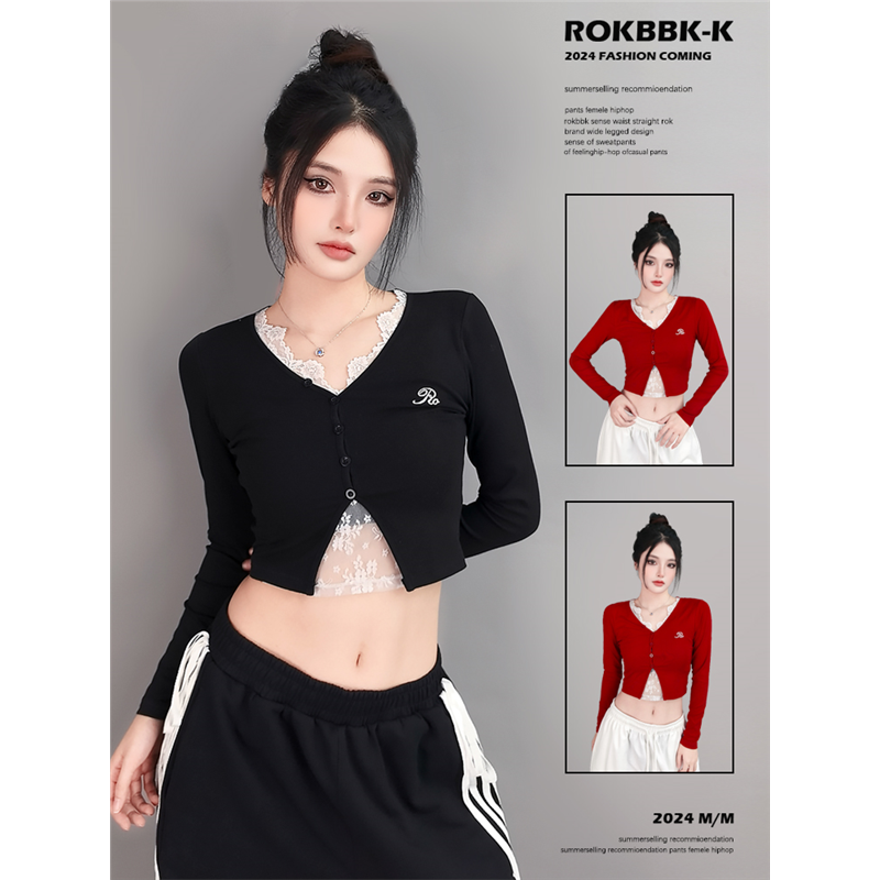 辣妹跳街舞潮牌花边爵士hiphop长袖女跳舞jazz上衣年会演出服套装