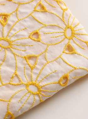 黄色纯棉布料绣线镂空花夏季柔软衣服服装定制裙装手工面料辅料