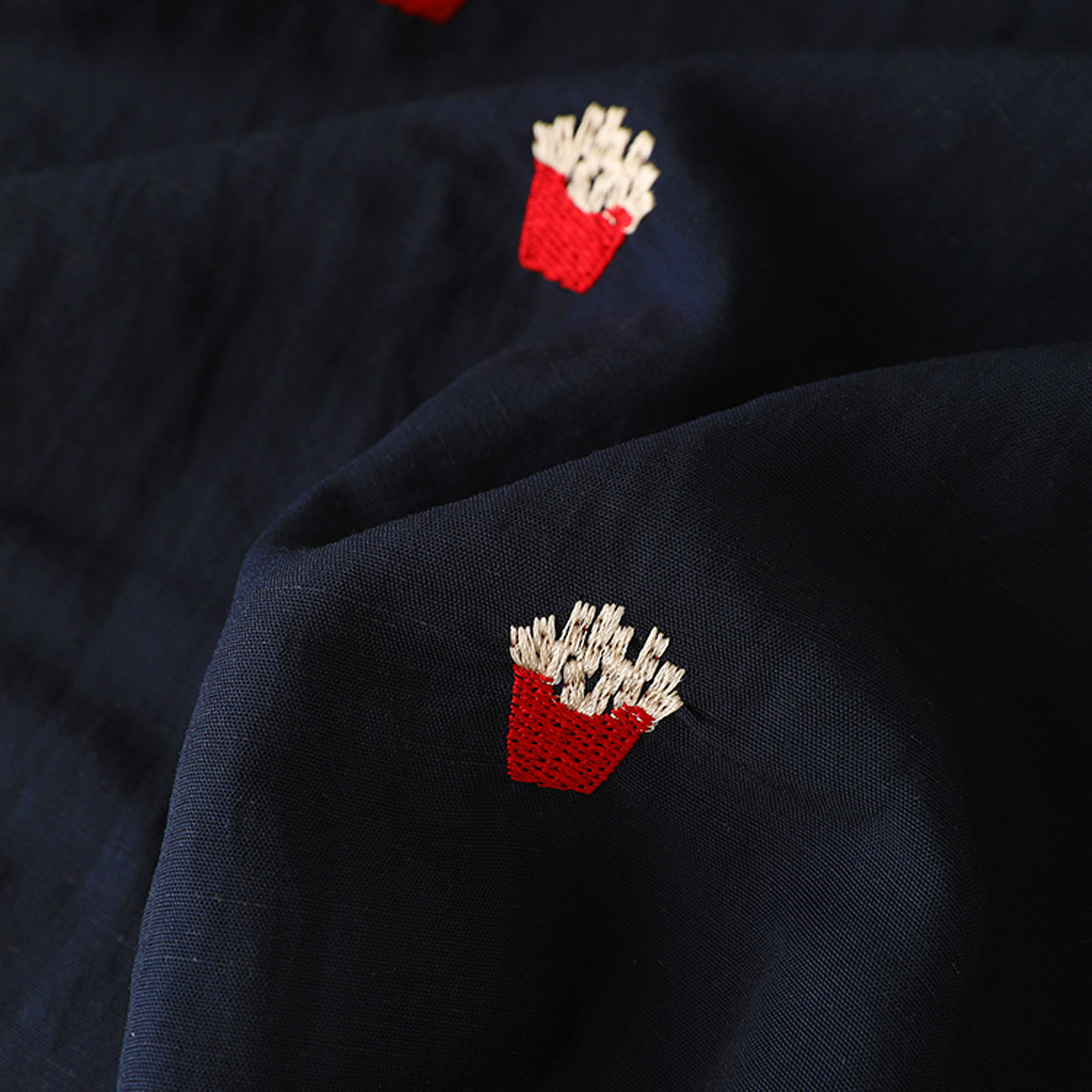 ins薯条刺绣图案麻混纺布料春夏连衣裙衬衫童装服装手工DIY面料