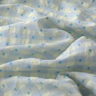 ins风黄蓝格子mini蝴蝶结印花涤棉布料衬衣连衣裙童装娃衣DIY面料