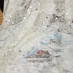 ins风杏色亮片闪亮管珠珍珠网纱婚纱礼服面料手工diy娃衣蕾丝布料